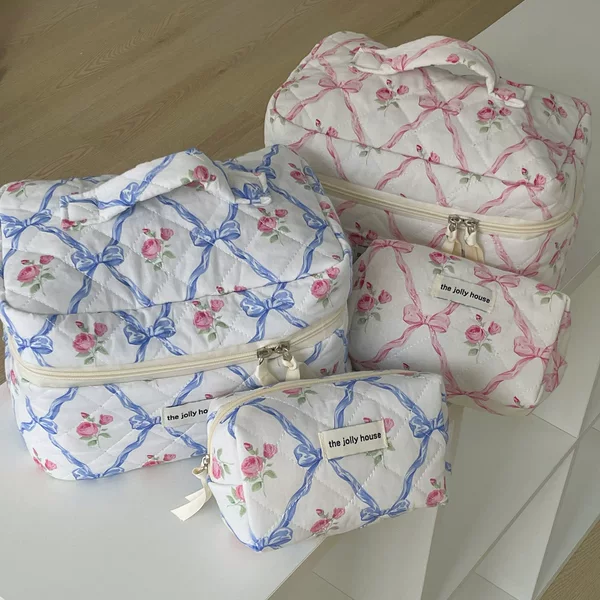 Bow Flower Storage Bag Court Style Vintage Soft Wash Bag Quilted Soft Drop-Resistant Cute Octagonal Bag