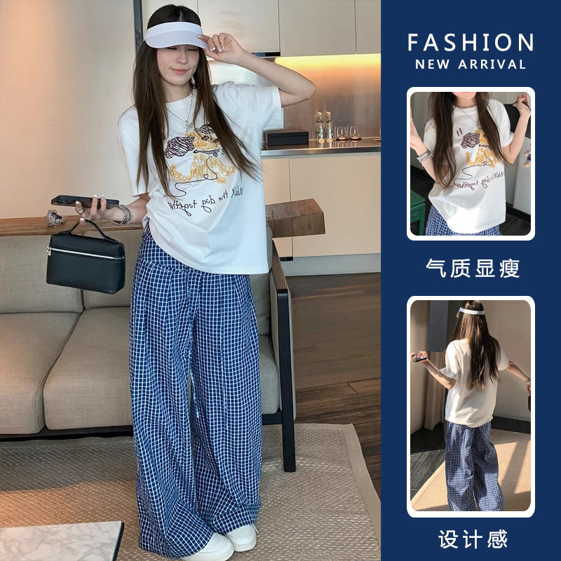 in stock maternity summer new puppy printed T-shirt with blue plaid wide leg pants age-reducing slim suit