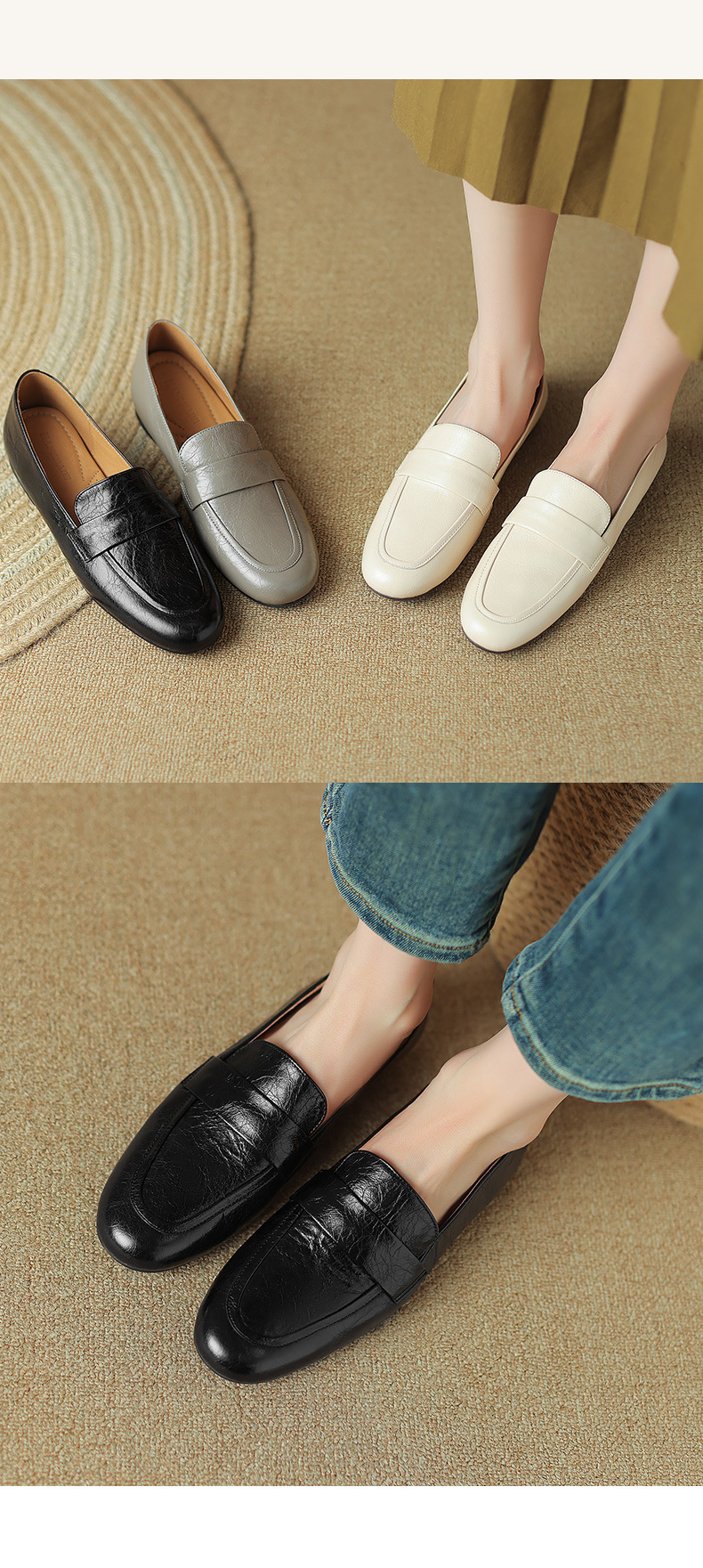 Giày lười nữ mũi tròn đế thấp da mềm phong cách casual — Màu đen chi tiết 14