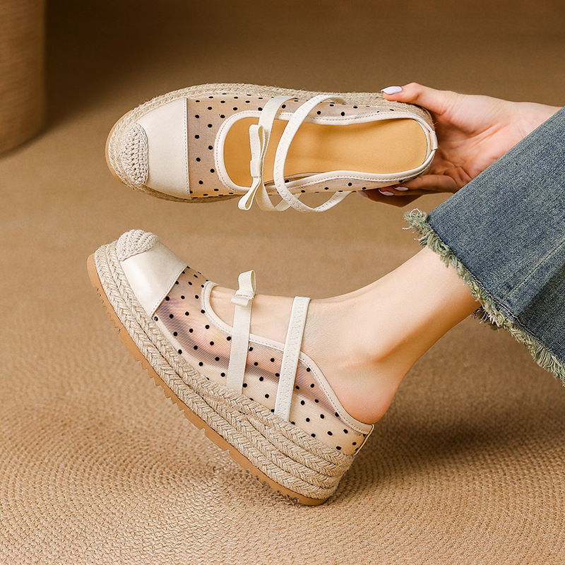 Mule nữ mũi nhọn bít đế xuồng cao gót 5 cm phong cách boho — màu trắng ngà, Chấm bi trắng kem