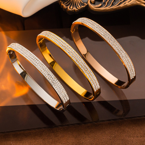 Japanese and Korean New Fashion Personality Titanium Steel Rose Gold Plated Three-Row Diamond Bracelet for Women Korean Version Bracelet Simple Accessory Jewelry