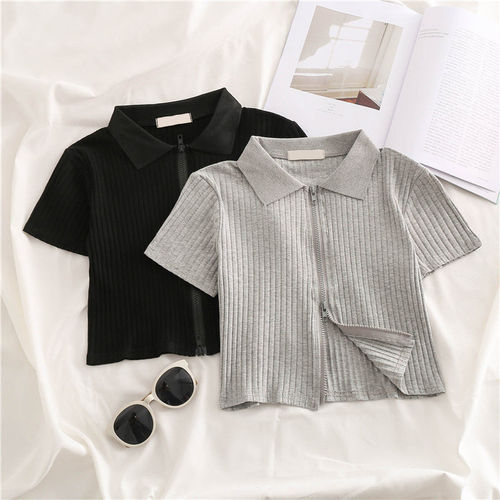 Kids' POLO-Neck Striped T-Shirt for Girls | Summer High-Waisted Cropped Top with Navel-Baring Design | Slim-Fit Half-Sleeve Style in Hong Kong Fashion⏤⏤