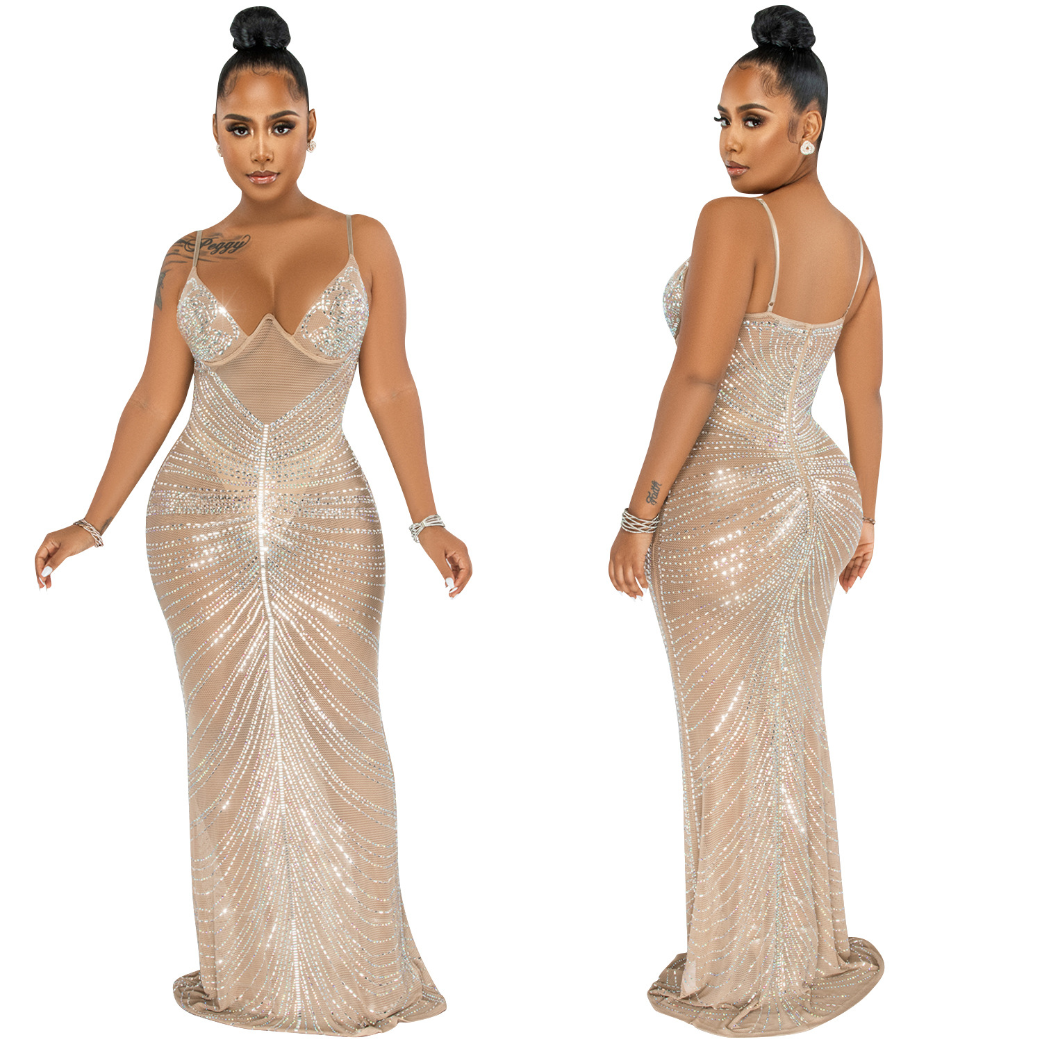 Hot Rhinestone Sling Wrapped Breast Mesh Perspective Prom Dress NSXYZ110907