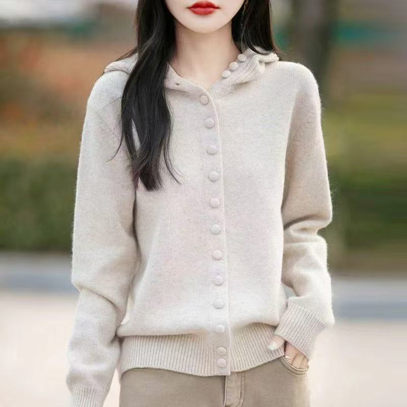 2025 New Spring & Fall Loose Casual Hooded Knitted Cardigan Jacket Women's Outer Wear Simple Large Size Autumn and Winter Sweater