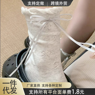 Summer Fairy Series Three-Color Bow Cut Out Heel Ribbon Ins Design Bubble Lace Mid-Calf Socks for Girls