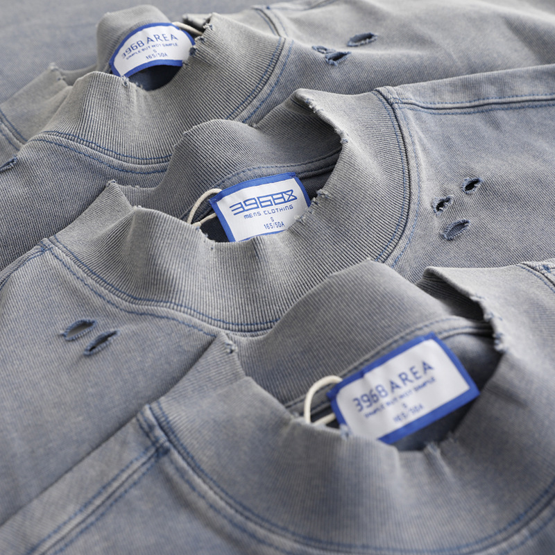 미국 스타일의 작은 목 씻은 오래된 반팔 티셔츠 남성용 하이 스트리트 트렌디 브랜드 립 작은 높은 목 향이 나는 루즈 탑