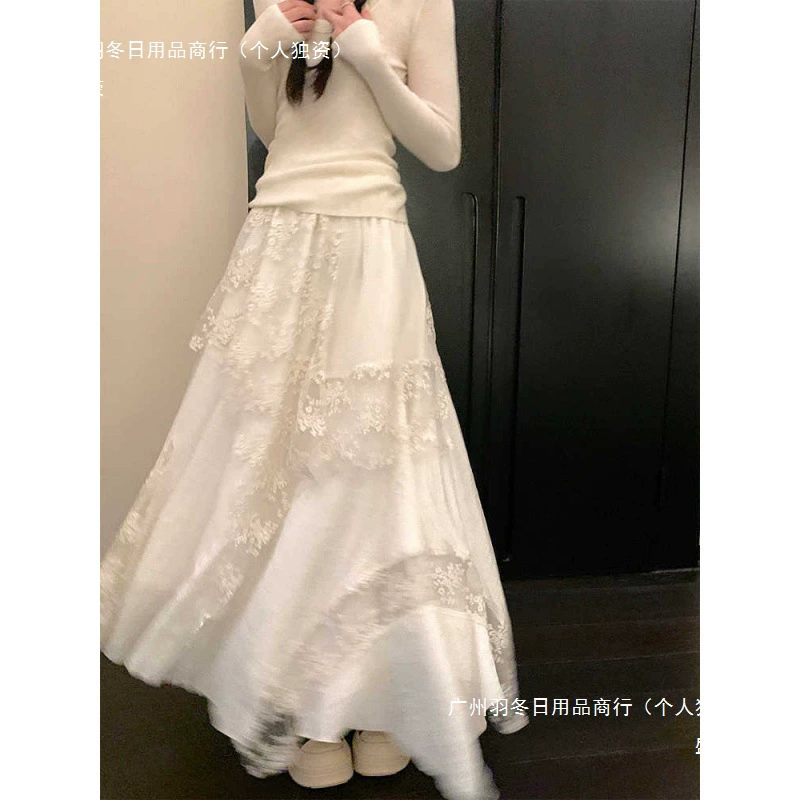 Корейская юбка из плотной кружевной сетки, осенне-зимняя новинка, юбка А-силуэта с широким подолом, дизайн в европейском и американском стиле, элегантная и изысканная.