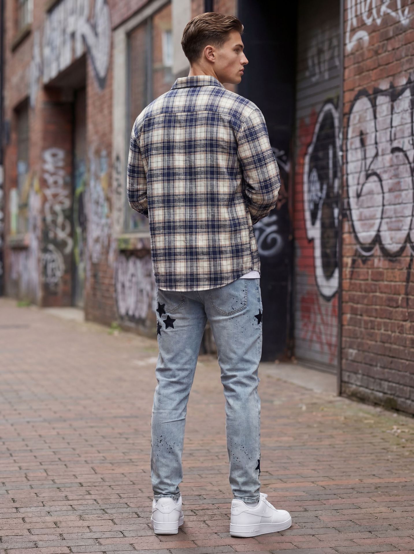 Men's Slim Fit Straight Leg Jeans Star Appliqué Embroidery Splatter Paint Ripped High Street Style Heavy Duty Trendy Brand_mkmklike.com