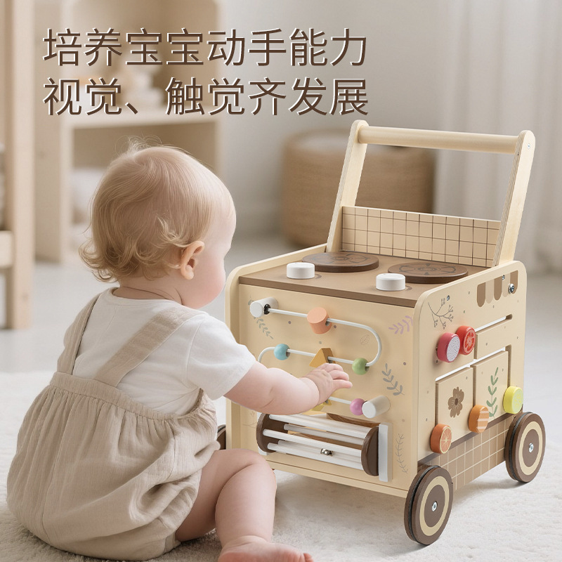 Madera infantil multifuncional cuentas de bloque de construcción carro de mano caminante infantil caminante juguetes de educación temprana