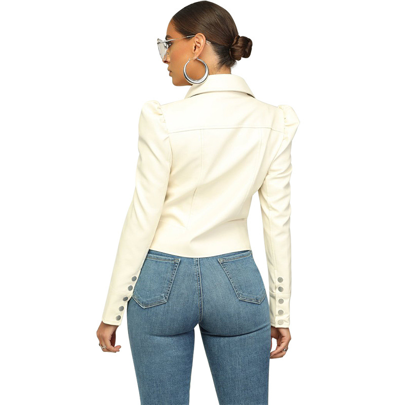 Faux Leather Long-Sleeved Waist Lapel Jacket NSME110748
