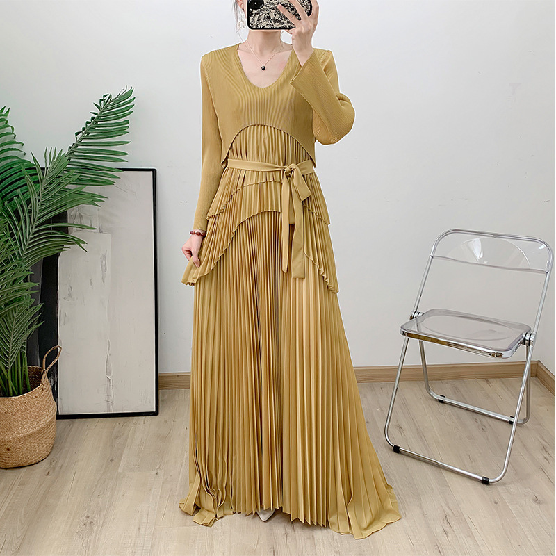 Cross-Border Sun Pleated Dress Long Sleeve Handmade Pleated Solid Color Long Dress Tie-Waist Dress Foreign Trade Wholesale