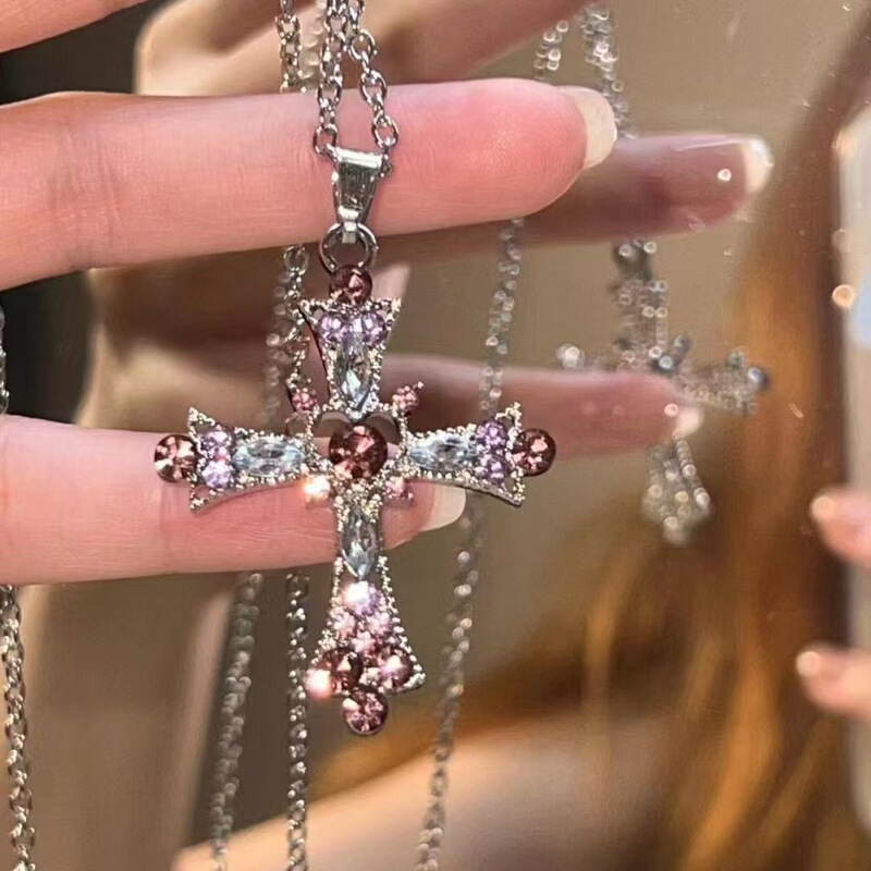 Gothic Bohemian Style Crystal Diamond Color Cross Pendant European and American Festival Jewelry Girl's Collarbone Necklace Gothic Bohemian Style Crystal Diamond Color Cross Pendant European and American Festival Jewelry Girl's Collarbone Necklace