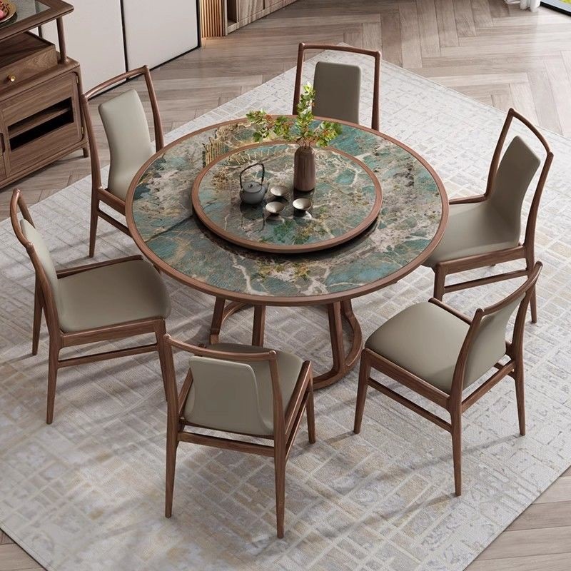 New Chinese Style Black Walnut Pure Solid Wood Round Dining Table Modern Household Slate Round Dining Table and Chair Combination Slate Round Table