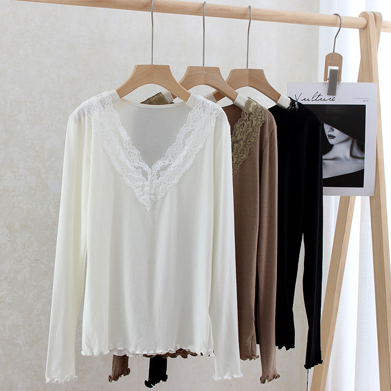 Sooner or later, the same chest big waist thin artifact lace collar long sleeve bottoming shirt with elastic V-neck spring and autumn T-shirt top for women
