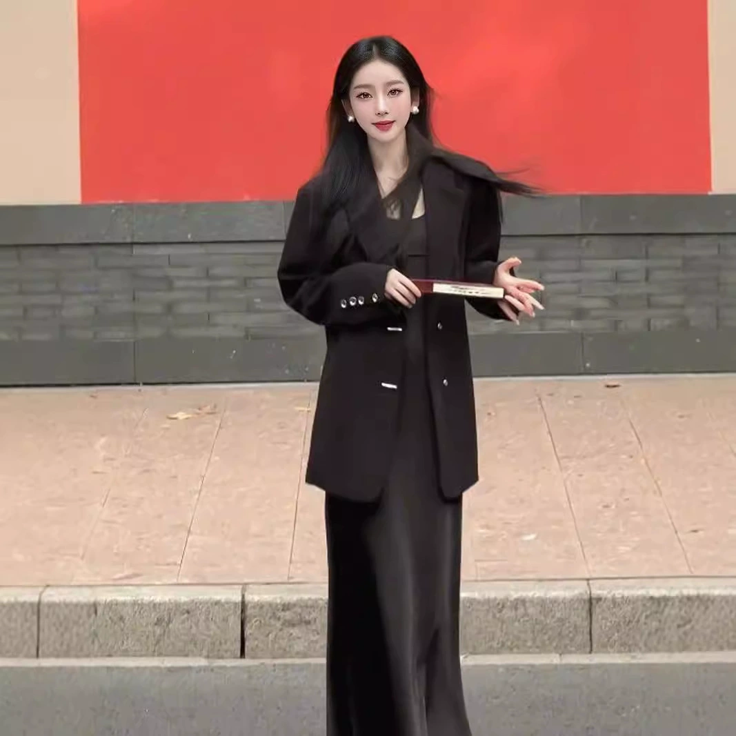 [Готовый запас] Женский весенне-осенний слегка толстый костюм больших размеров, маленький костюм, юбка на подтяжках в китайском стиле, комплект из двух предметов 8066