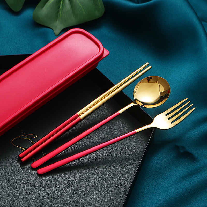 304 vajilla portátil de acero inoxidable cuchara coreana Tenedor palillos conjunto de tres piezas estudiante traje de viaje al aire libre logo imprimible