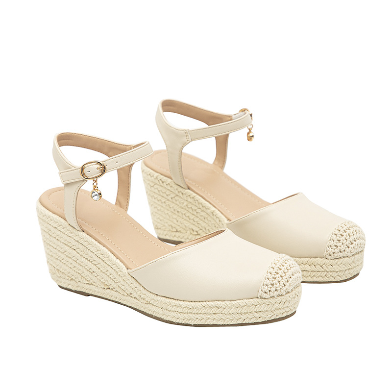 European And American Foreign Trade New Wedge-heeled Thick-soled Sandals, Straw-woven High-heeled Women's Shoes,_vogvips.com