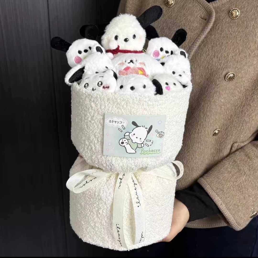 White pochacco bouquet + gift bag + greeting card