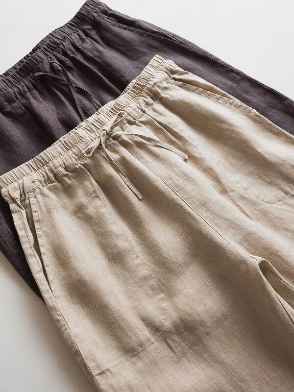 Japanese-style commuter casual pants: simple, high-quality, made of pure hemp, lightweight, versatile, comfortable, with a drawstring and elastic waistband, straight-leg design Japanese-style commuter casual pants: simple, high-quality, made of pure hemp, lightweight, versatile, comfortable, with a drawstring and elastic waistband, straight-leg design