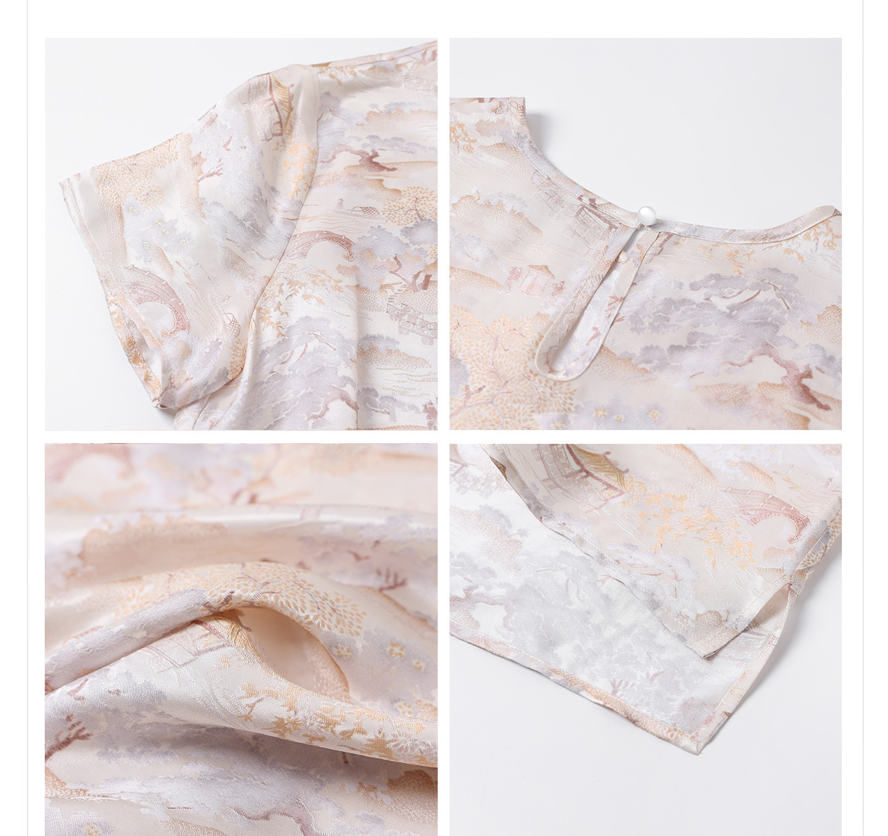 Áo thun cổ tròn tay ngắn phong cách Tân Trung Hoa đính khuy vải, chất liệu lụa tơ tằm jacquard — Màu hồng, màu mơ chi tiết 15