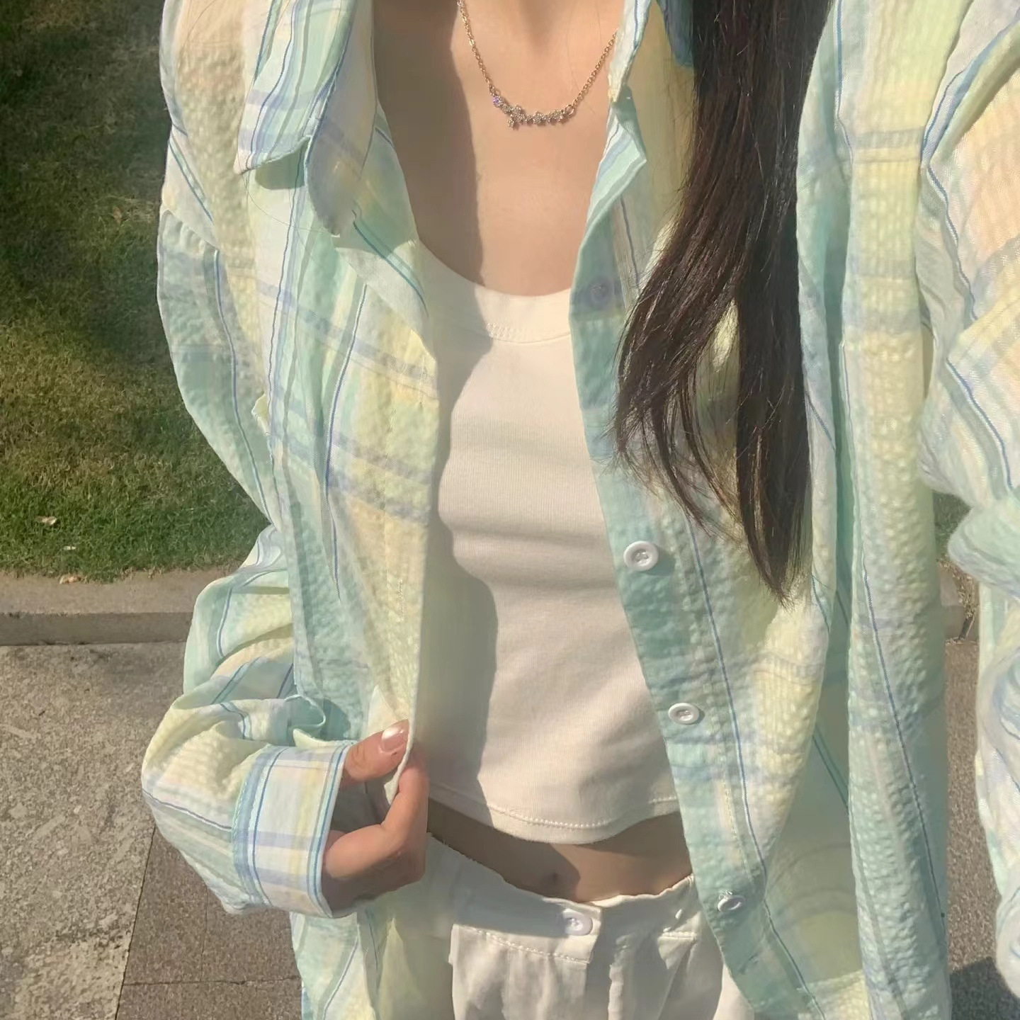 2024 New Mint Blue and Green Plaid Shirt, Lightweight Cardigan, Versatile, Unique, Fashionable, Sun Protection Top for Women