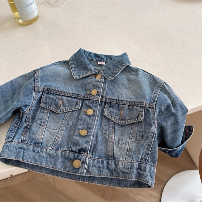 Girls' Vintage Washed Denim Jacket Autumn Outfit Baby Turn-down Collar Short Loose Denim Cardigan Top 18018
