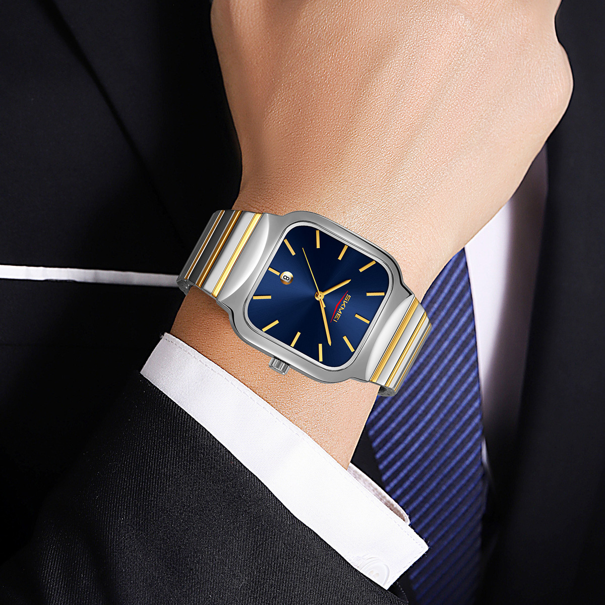 Reloj de negocios para hombres cuadrado de cuarzo correa de acero simple calendario negro relojes de hombre al por mayor en stock transfronterizo