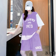 运动套装女夏24新款时尚宽松韩版短袖假两件减龄显瘦休闲两件套