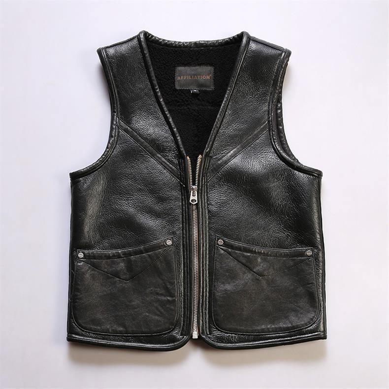 Description Picture 2 of item2024 Spring Men's Motorcycle Genuine Leather Vest Solid Color Large Pocket Sleeveless Biker Jackets Punk Vintage Vest Streetwear