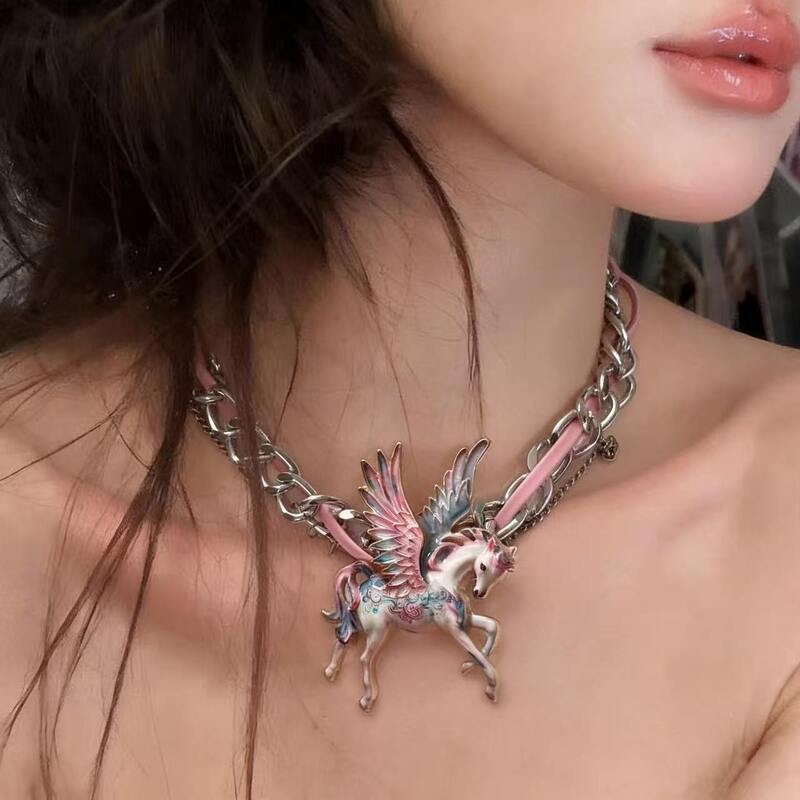 Personalized Design, Super Fairy-Like Pink Unicorn Leather Choker, Exaggerated Trendy Niche Necklace, Street Fashion Accessory Personalized Design, Super Fairy-Like Pink Unicorn Leather Choker, Exaggerated Trendy Niche Necklace, Street Fashion Accessory