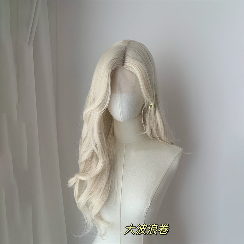 Wig for Women with Lace Front, Platinum Blonde, Large Wavy Long Curly Hair, Figure-Eight Bangs, Versatile Cosplay Full Headpiece