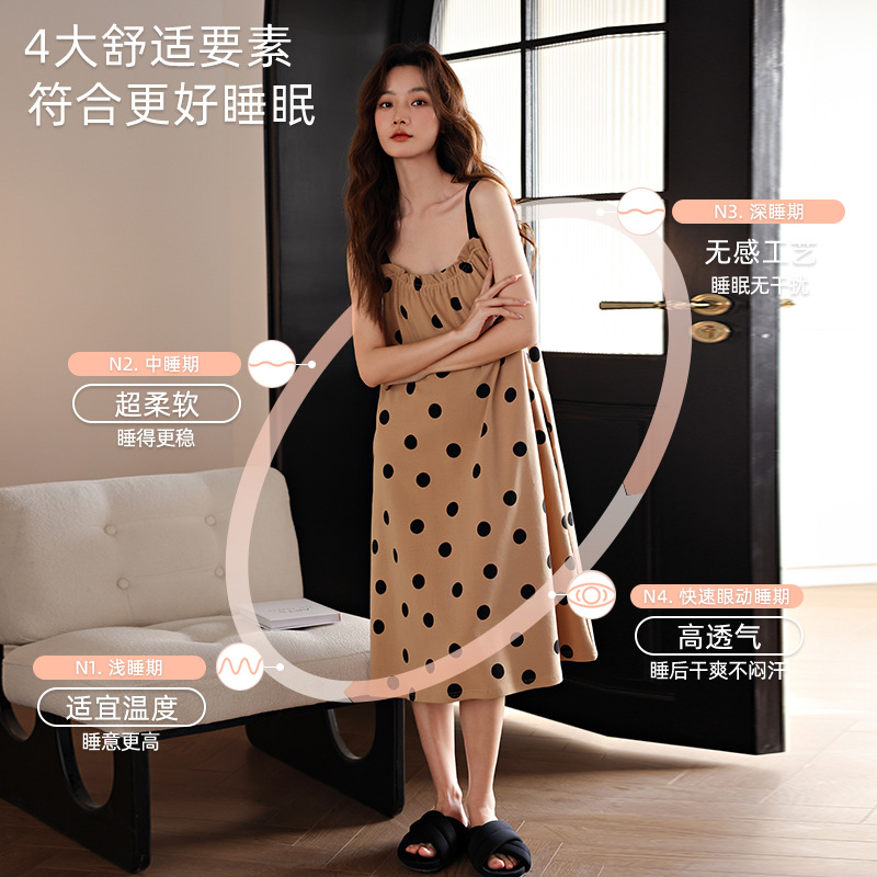 Summer Dress Pure Cotton Women's Pajamas Round Neck Brown Polka Dot Home Clothes Summer Suspender Nightgown Sexy Can Be Worn Outside