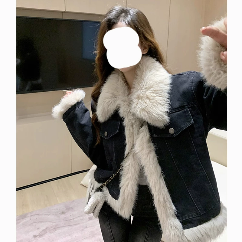 Short denim jacket, velvet‑lined demi‑season down, plush fur trim, short fit, S–XL