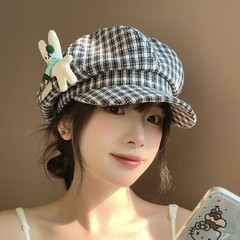 可爱小兔子玩偶格纹贝雷帽女韩版百搭显脸小八角帽大头围报童帽子