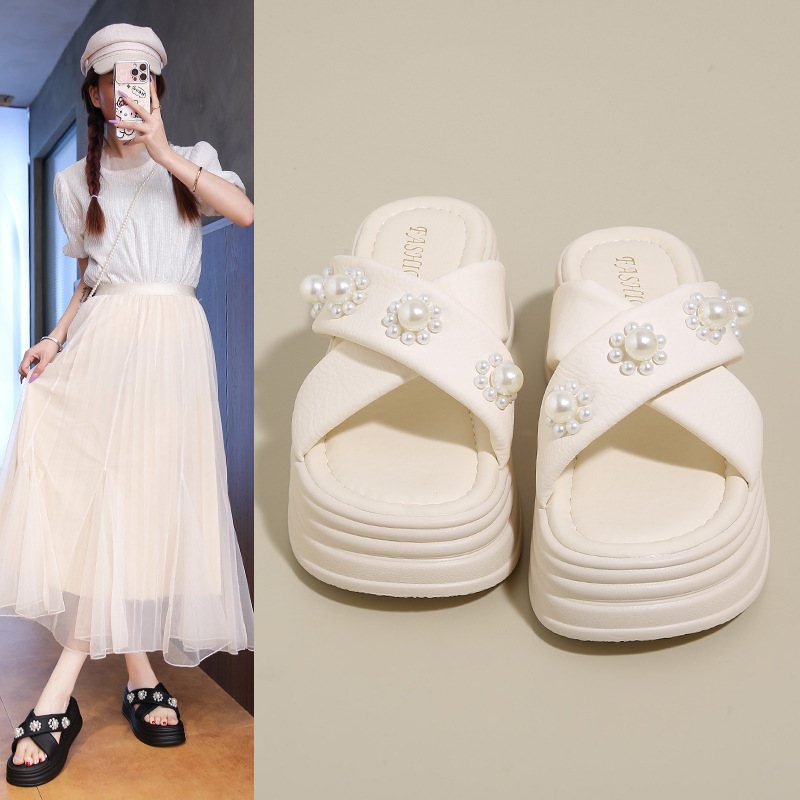 Thick-Soled Sandals for Women 2025 New Summer Pearl Design with Skirt Cross-Strap One-Line Slippers for Women