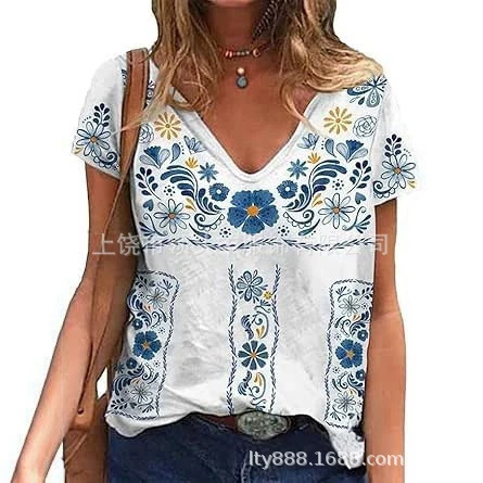 Summer Bohemian Style Blue and White Floral Print V-Neck T-Shirt Loose Casual Short-Sleeved Top for Women Summer Bohemian Style Blue and White Floral Print V-Neck T-Shirt Loose Casual Short-Sleeved Top for Women