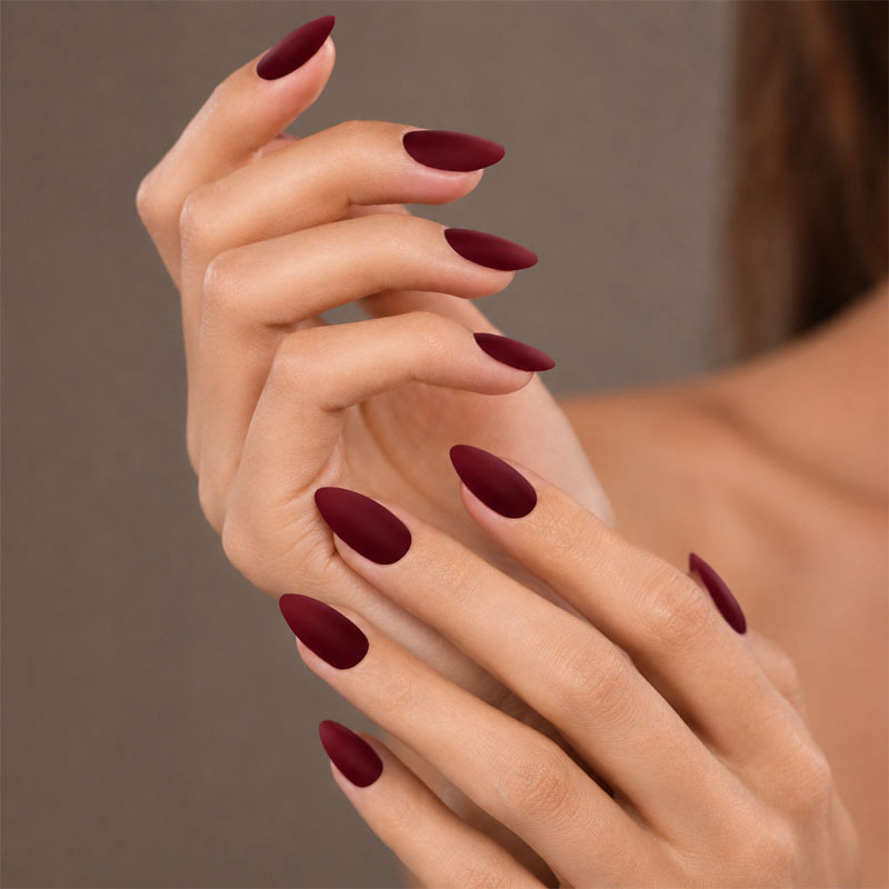 Burgundy matte almond-shaped press-on nails, solid color, minimalist design, ready-to-use nail tips for everyday wear and commuting Burgundy matte almond-shaped press-on nails, solid color, minimalist design, ready-to-use nail tips for everyday wear and commuting