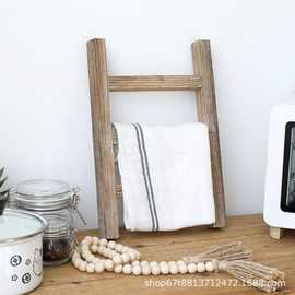 现货木质毛巾置物架复古农舍风木制白色三层毛巾架松木桌面装饰梯