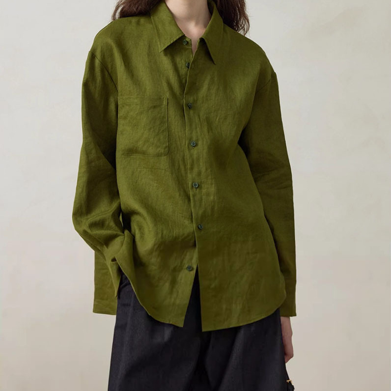 Turquoise Green Linen Shirt for Women in Autum, High-End, Accessible Luxury, Loose Long-Sleeved Polo Collar Top, Inner and Outer Shirt
