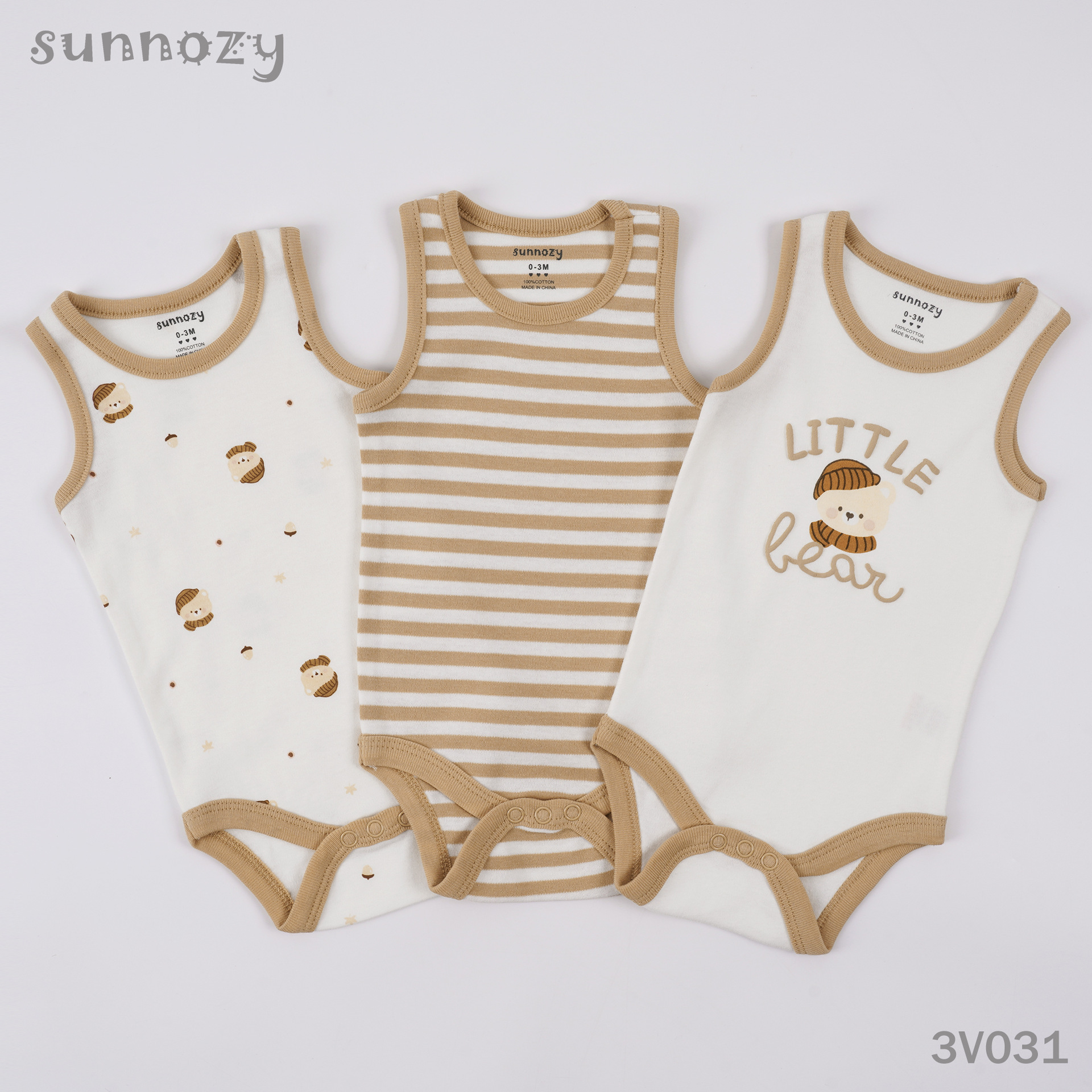 Conjunto de tres piezas de verano sin mangas para recién nacido, mono de algodón puro Clase A con estampado, venta al por mayor.