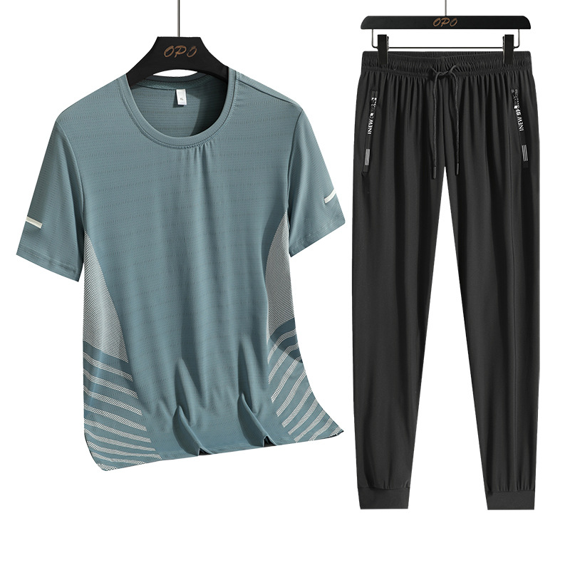 Hombre de verano helado juego deportivo casual hombre al aire libre suelto juego de dos piezas secado rápido transpirable cuello redondo camiseta pantalón largo
