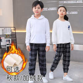 秋冬季休闲裤儿童时尚潮流卫裤男童女童装格子加绒长裤中小童裤子