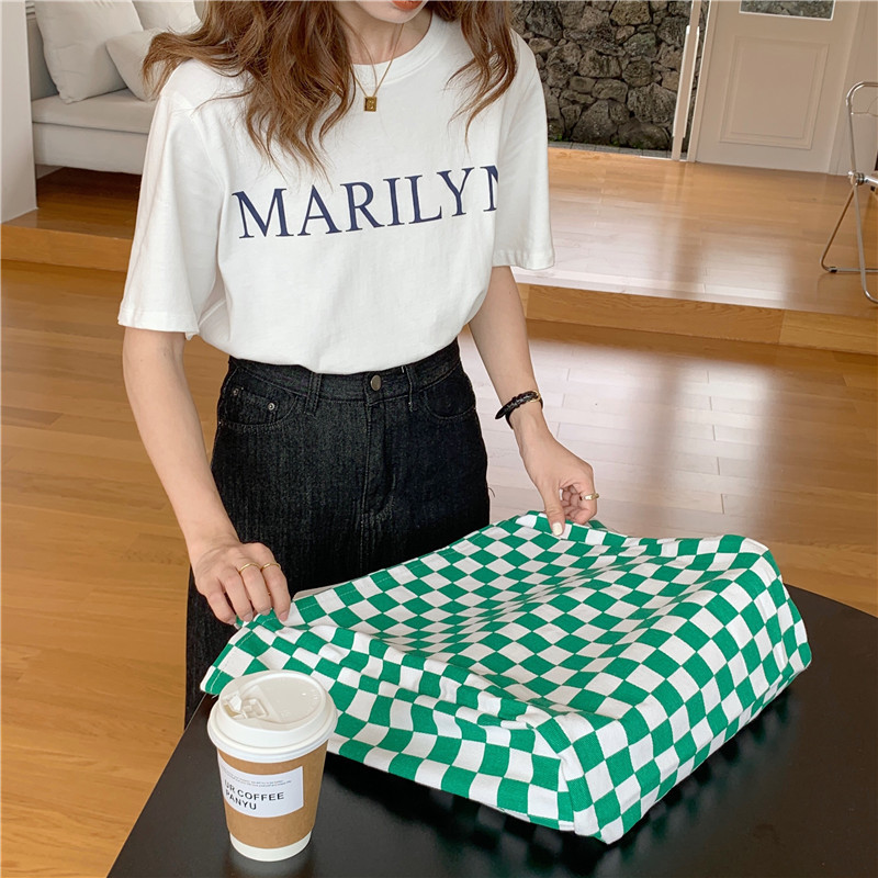 【 In Stock 】18181 checkerboard green checkered canvas bag, school-style commuter single-shoulder bag, retro hand-held tote bag undefined