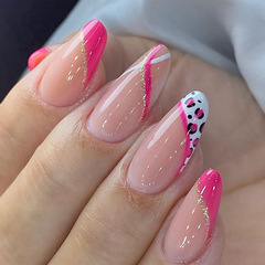 Minimalist slanted French rose almond nail with gold powder leopard print French style spicy sweet Ins style European and American wearing nail