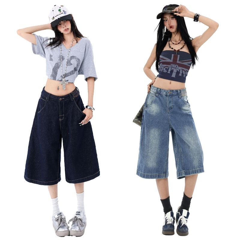 American-Style Paris Buckle Deconstructed Denim Pants for Women, Cropped Wide-Leg Pants, Blue Raw Denim Pattern Cotton American-Style Paris Buckle Deconstructed Denim Pants for Women, Cropped Wide-Leg Pants, Blue Raw Denim Pattern Cotton