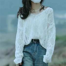 韩版镂空针织衫女春夏菱形设计感纯色慵懒风简约毛衣防晒罩衫