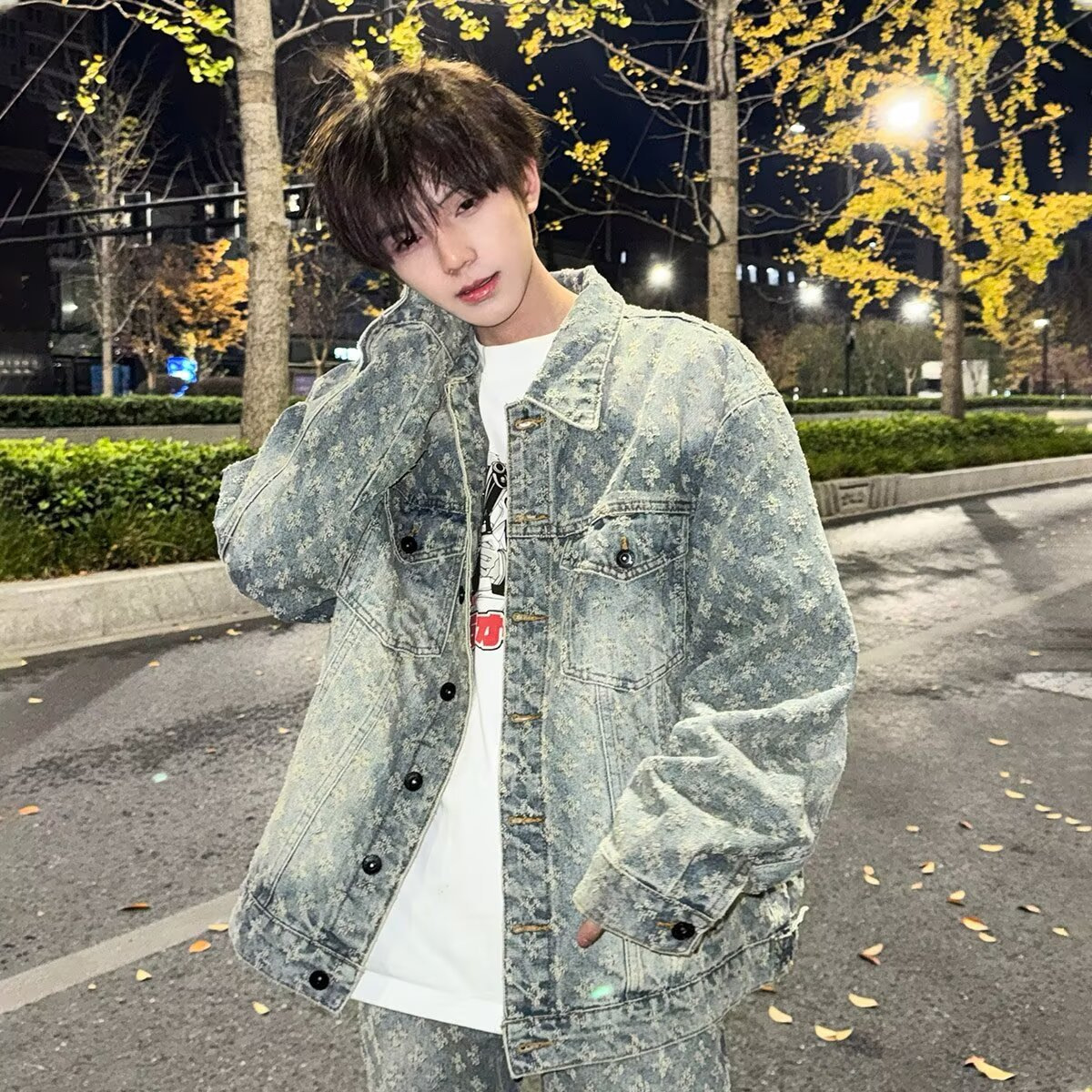 Autumn trendy retro denim jacket unisex washed Chanel-style jacquard couple outfit loose workwear jacket set