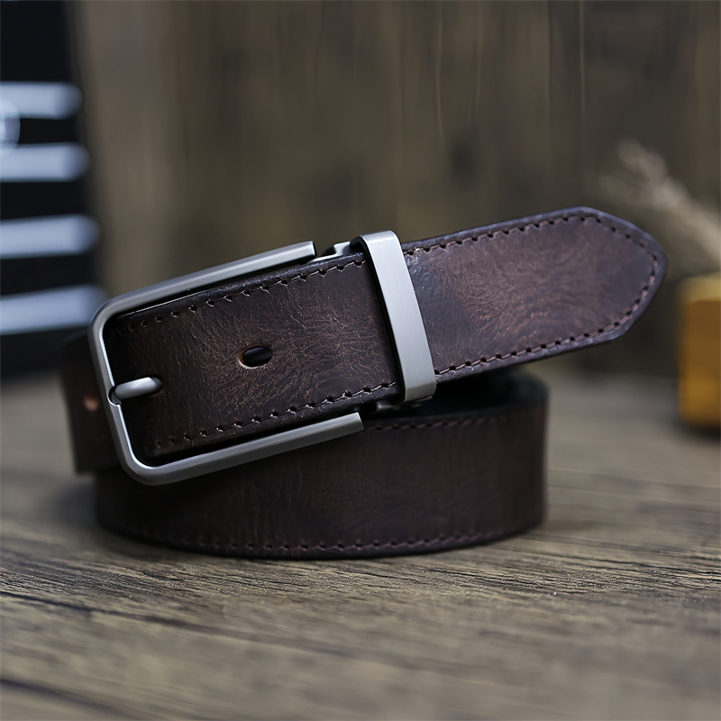 Handmade Top Layer Vintage Vegetable Tanned Pure Cowhide Pin Buckle Men's Workwear Pants Distressed Genuine Leather Belt_voghion.com