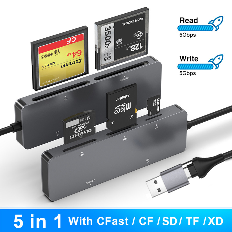 USB3 Chegaralararo zavodning xususiy qolipli 5 kartali bir vaqtning o'zida o'qish CFast/CF/XD/SD/TF yuqori tezlikdagi USB 3.0/Type-C karta o'quvchi