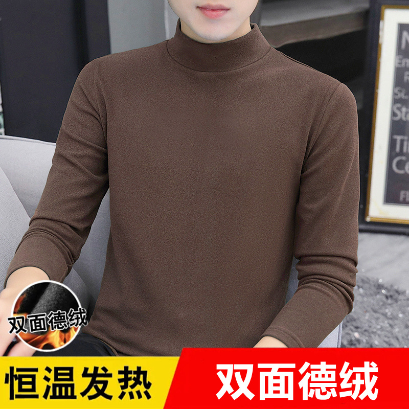 Half-high Collar Double-sided Velvet Long-sleeved T-shirt Men's Thickened Thermal Underwear Solid Color Slim-fit Base Shirt Autumn and Winter Inner T-shirt